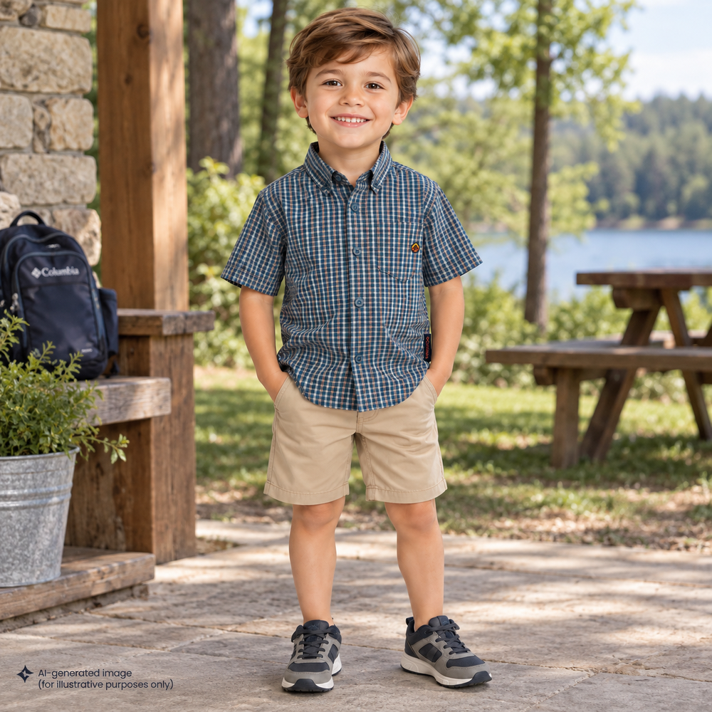 Columbia Shirt Boys 5 Blue Plaid Short Sleeve Button Up Collared Casual Outdoor